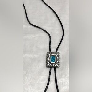Turquoise Accent Silver Bolo Tie Necklace - Black Cord